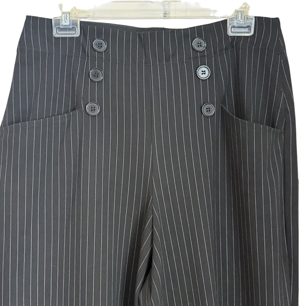 Sailor Wide Leg Pants Womens L Black Pinstripe High Waist Trousers Casual‎ Chic - Picture 4 of 15